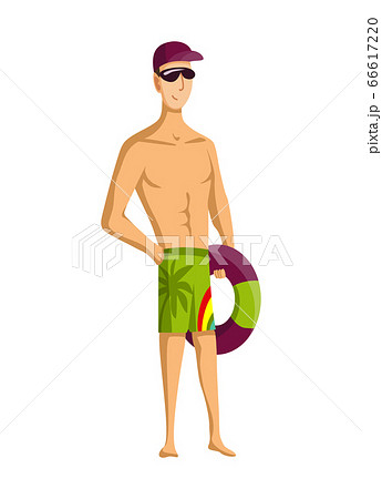Summer beach activities. Guy stand with inflatable circle. Beach vacation. Cartoon style 66617220