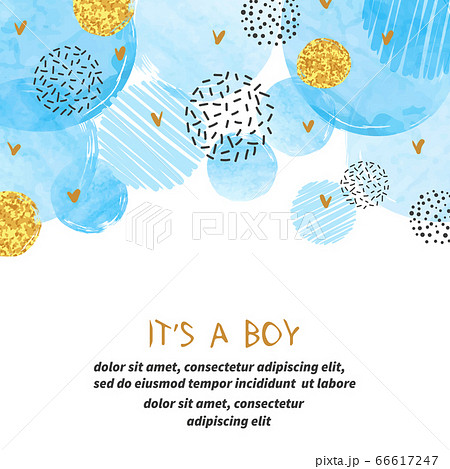Baby Shower boy card design with abstract watercolor blue and glittering golden circles. Baby Shower boy card design with abstract watercolor blue and glittering golden circles. 66617247