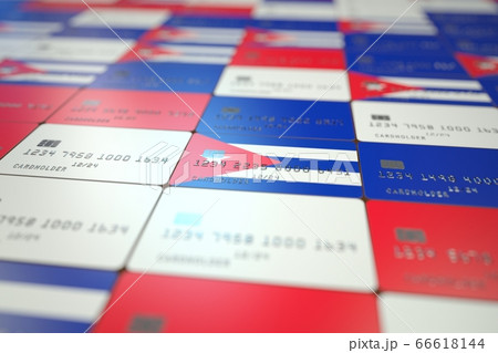 National flag of Cuba on credit cards. Banking related 3D rendering 66618144