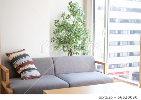 窓際のソファとテーブルの写真素材