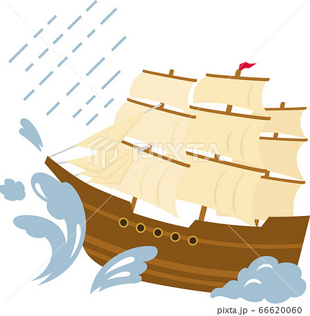 大波に揉まれる木造の帆船のイラスト素材