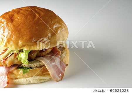 ベーコンとレタスとチキンがサンドされた大きいハンバーガー(白背景) ベーコンとレタスとチキンがサンドされた大きいハンバーガー(白背景) 66621028