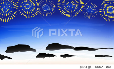 夜の海の浜に打ち上げ花火のイラスト素材