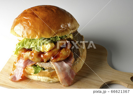 はみ出るマヨネーズにベーコンとレタスとチキンがサンドされた大きいハンバーガー(白背景) はみ出るマヨネーズにベーコンとレタスとチキンがサンドされた大きいハンバーガー(白背景) 66621367