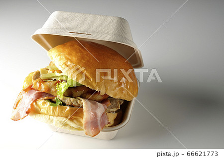 大きすぎて入らないベーコンとレタスとチーズとチキンがサンドされたハンバーガー(白背景) 大きすぎて入らないベーコンとレタスとチーズとチキンがサンドされたハンバーガー(白背景) 66621773