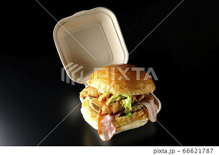 はみ出る美味さベーコンとレタスとチーズとチキンがサンドされた大きいハンバーガー(黒背景) はみ出る美味さベーコンとレタスとチーズとチキンがサンドされた大きいハンバーガー(黒背景) 66621787