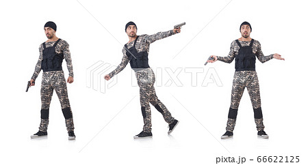 Soldier in camouflage with gun on white Soldier in camouflage with gun on white 66622125