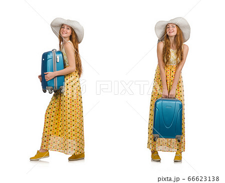 Woman ready for summer travel isolated on white Woman ready for summer travel isolated on white 66623138