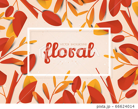 Red and yellow leaves flat lay on light orange background, paper art/paper cutting style 66624014