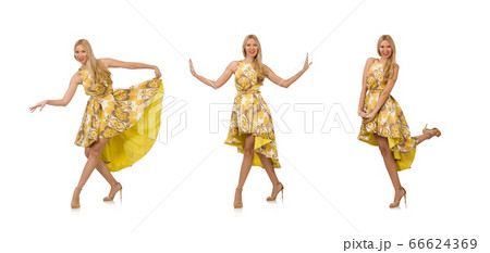 Young woman in long floral dress isolated on white Young woman in long floral dress isolated on white 66624369