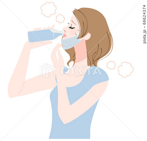 マスクをずらして水を飲む女性のイラスト素材