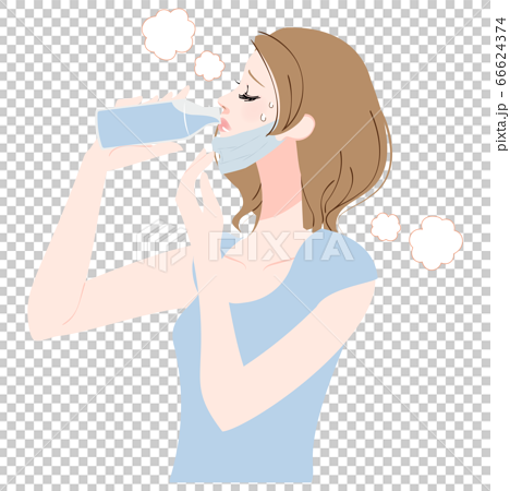 マスクをずらして水を飲む女性のイラスト素材