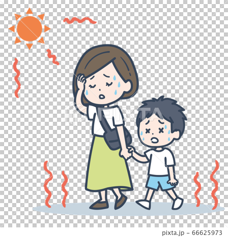 炎天下の日差しに苦しむ親子のイラストのイラスト素材