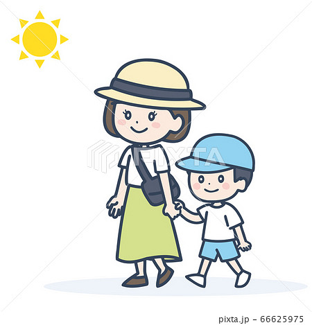 帽子をかぶり散歩する親子のイラスト 66625975