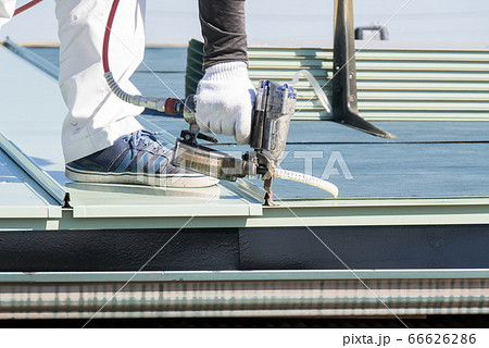 屋根のガルバリウム鋼板にネイルガンで釘を打つ作業 66626286