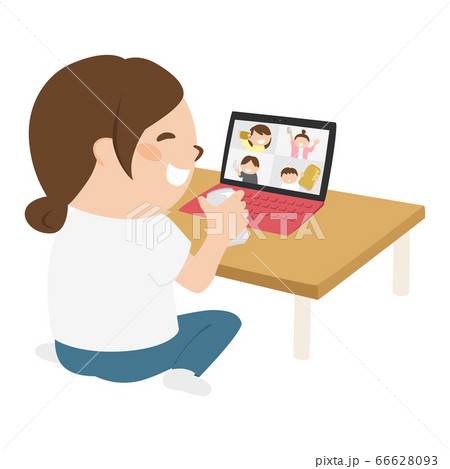 オンラインでリモート飲み会を楽しんでる若い女性のイラスト。 オンラインでリモート飲み会を楽しんでる若い女性のイラスト。 66628093