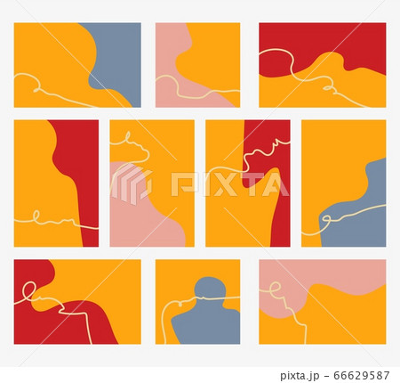 A set of rectangular horizontal, vertical, square two-color backgrounds with a thin, sinuous light line.Hand-drawn various shapes, doodles.Fashionable bright summer colors.Stock vector illustration 66629587