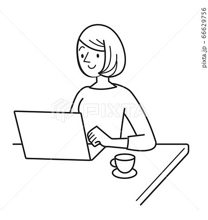 人物　女性　テレワーク　線画　 66629756