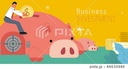 Man putting a coin into piggy bank 66630986