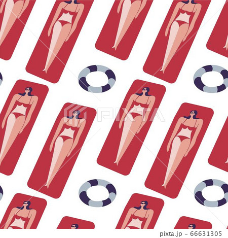 Woman laying on inflatable mattress on summer vacation seamless pattern 66631305