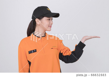 Asian male and female firefighter portrait, young smiling fireman in uniform 137 66632883