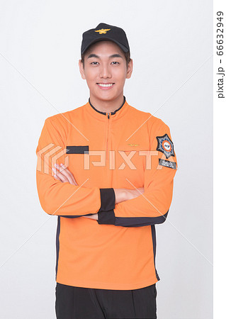 Asian male and female firefighter portrait, young smiling fireman in uniform 054 66632949