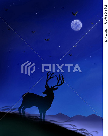 鹿と草原のシルエットと夜空の風景画のイラスト素材