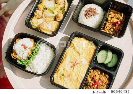 Healthy thai food concept. Four lunch box set on 66640452