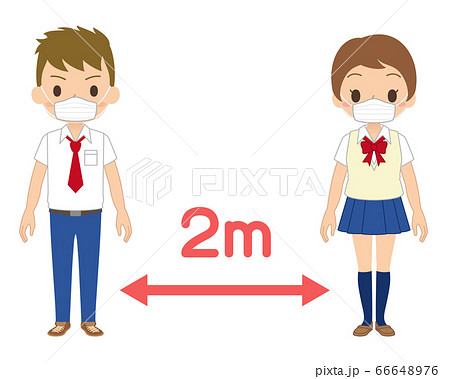 感染予防のために2mのソーシャルディスタンスを取るマスクをした学生 感染予防のために2mのソーシャルディスタンスを取るマスクをした学生 66648976