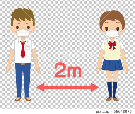 感染予防のために2mのソーシャルディスタンスを取るマスクをした学生 感染予防のために2mのソーシャルディスタンスを取るマスクをした学生 66648976