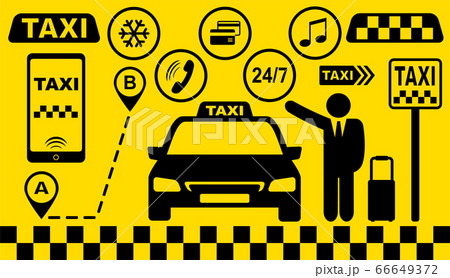 set of taxi car icons on yellow background 66649372