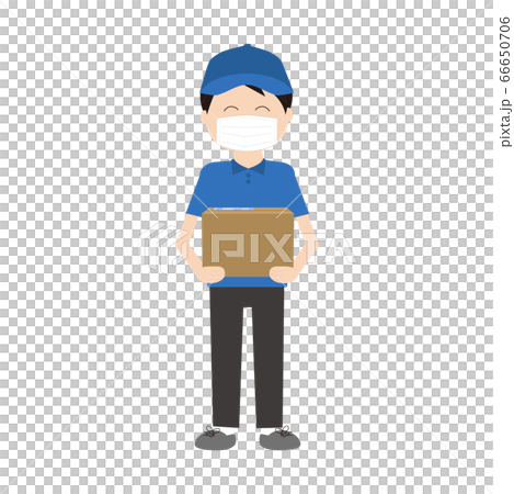 Full body of a male courier delivering a luggage with a smile (with mask) Full body of a male courier delivering a luggage with a smile (with mask) 66650706