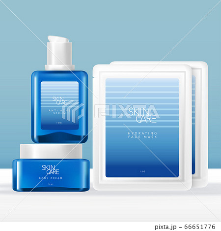Vector Glass Serum Bottle, Face Cream Jar & Sheet Mask Packet Packaging Set with Summer Ocean Gradient Blue Design 66651776