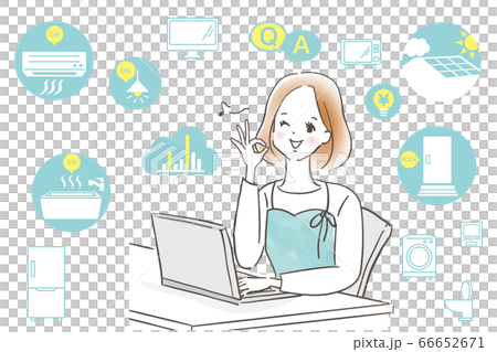 パソコンで家計簿をつける若い笑顔の女性/IOT/ZEHと節約/家電のアイコン パソコンで家計簿をつける若い笑顔の女性/IOT/ZEHと節約/家電のアイコン 66652671