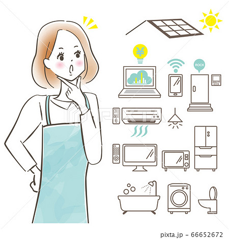 エプロンを着た若い女性/IOT/ZEHと節約のイメージ/パステル画/手描き 66652672