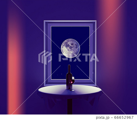 a bottle of wine and a glass of wine against the backdrop of a big moon, 3d render 66652967