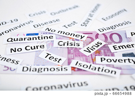Coronavirus, COVID-19 headline clippings on 500 Euro banknote Coronavirus, COVID-19 headline clippings on 500 Euro banknote 66654988