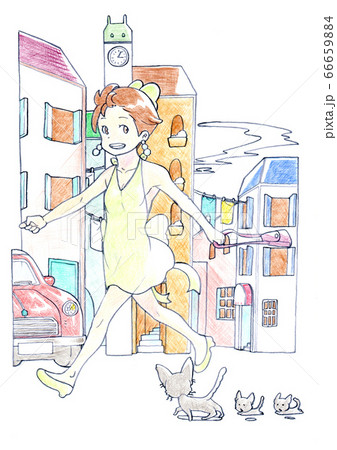 ヨーロッパ風の街並みをショッピングで歩く女性（色鉛筆画） 66659884