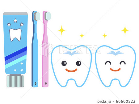 顔のある歯と 歯ブラシ 歯磨き粉のセットのイラスト素材