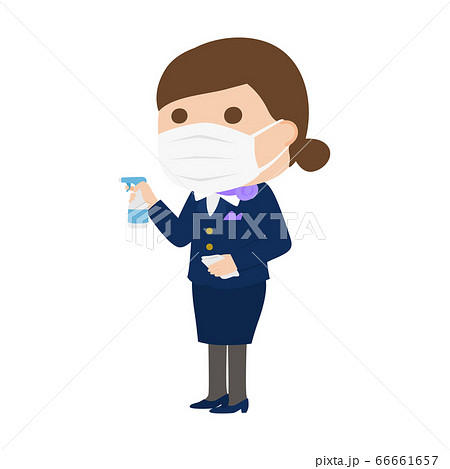 感染予防にマスクをしてる女性客室乗務員。消毒スプレーとタオルを持っている女性のイラスト。 66661657