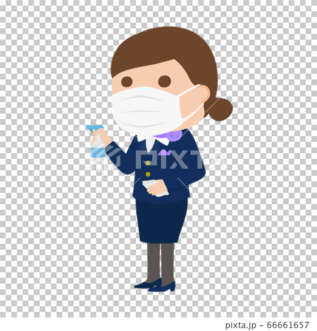 戴著口罩以防止感染的女性空姐。拿著消毒劑浪花和毛巾的婦女的例證。 66661657