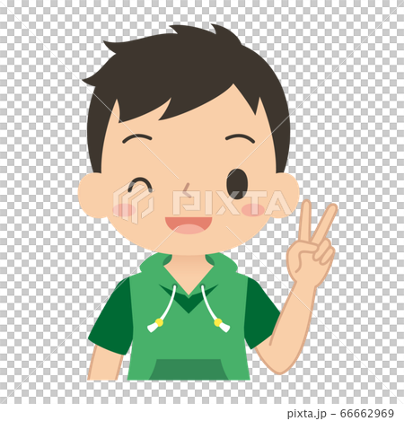 A boy doing a peace sign with a smile 66662969