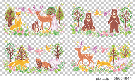 Illustration set of plants and animals such as trees, flowers, and grass 66664944
