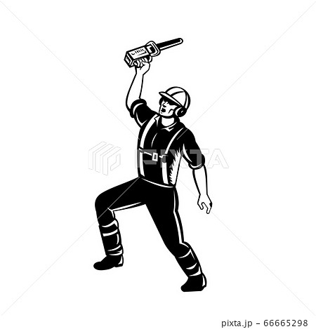 Arborist Raising Up Chainsaw and Shouting Retro Arborist Raising Up Chainsaw and Shouting Retro 66665298