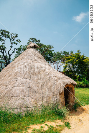 Straw hut traditional house at Ganghwa Dolmen park UNESCO World Heritage Site in Incheon, Korea 66668152