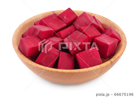 beetroot diced in wooden bowl isolated on white background with clipping path and full depth of field 66670196