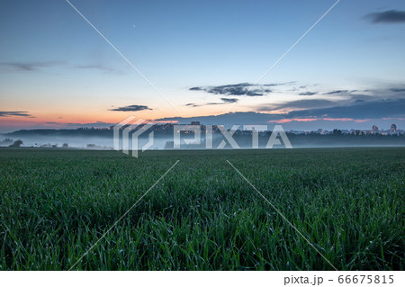 Prague, Czech Republic, view from field to the foggy city after rain 66675815