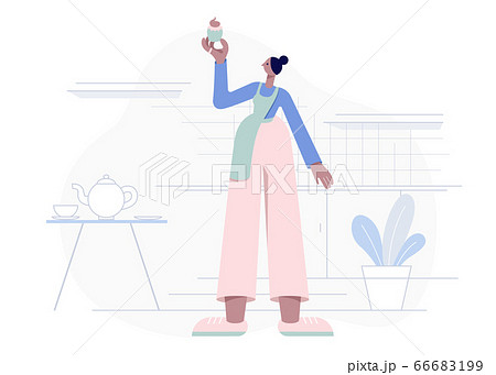 Woman in the apron stands in the kitchen and holds a muffin. Homemade cake. Flat geometric style vector illustration.  66683199