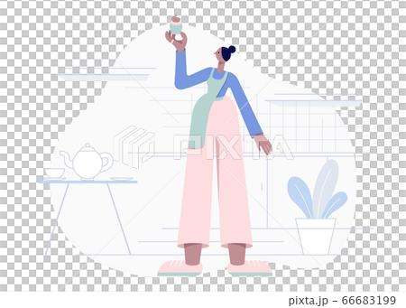 Woman in the apron stands in the kitchen and holds a muffin. Homemade cake. Flat geometric style vector illustration.  66683199