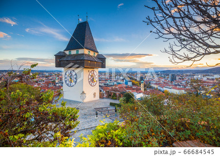 Graz clock tower at sunset, Graz, Styria, Austria 66684545